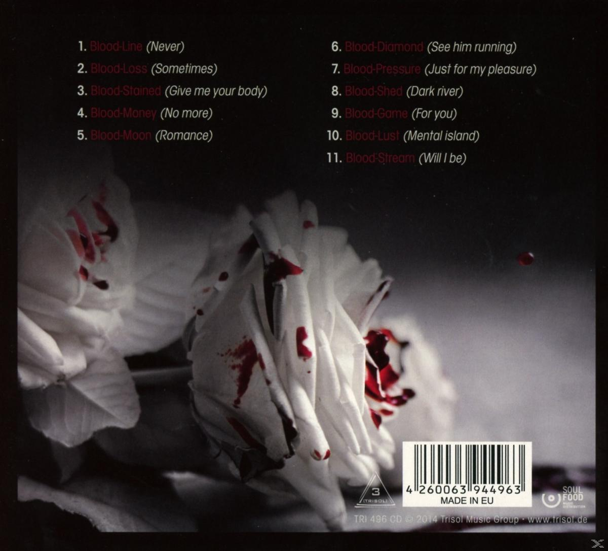 CD-Rückseite. Weiße Blumen mit blutartigen roten Flecken, mit einer Titelliste.