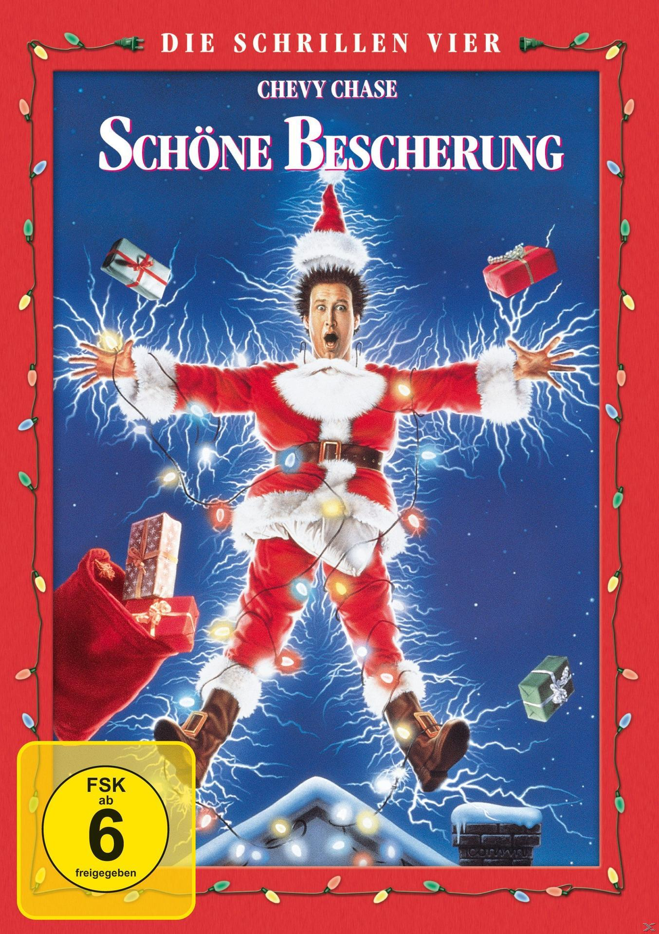 Filmcover mit Chevy Chase in einem Weihnachtsmannkostüm, umgeben von festlichen Elementen.