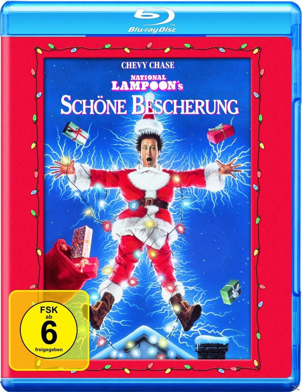 Filmposter von Schöne Bescherung. Chevy Chase im Weihnachtsmannanzug, Lichter um ihn herum.
