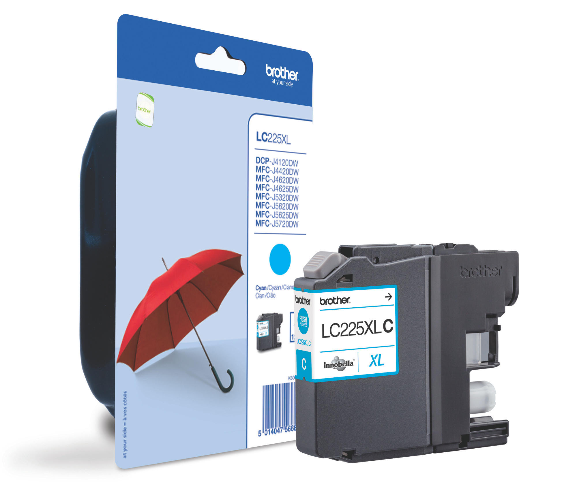 Cartouche d'encre Brother LC225XL, avec un parapluie rouge sur l'emballage.