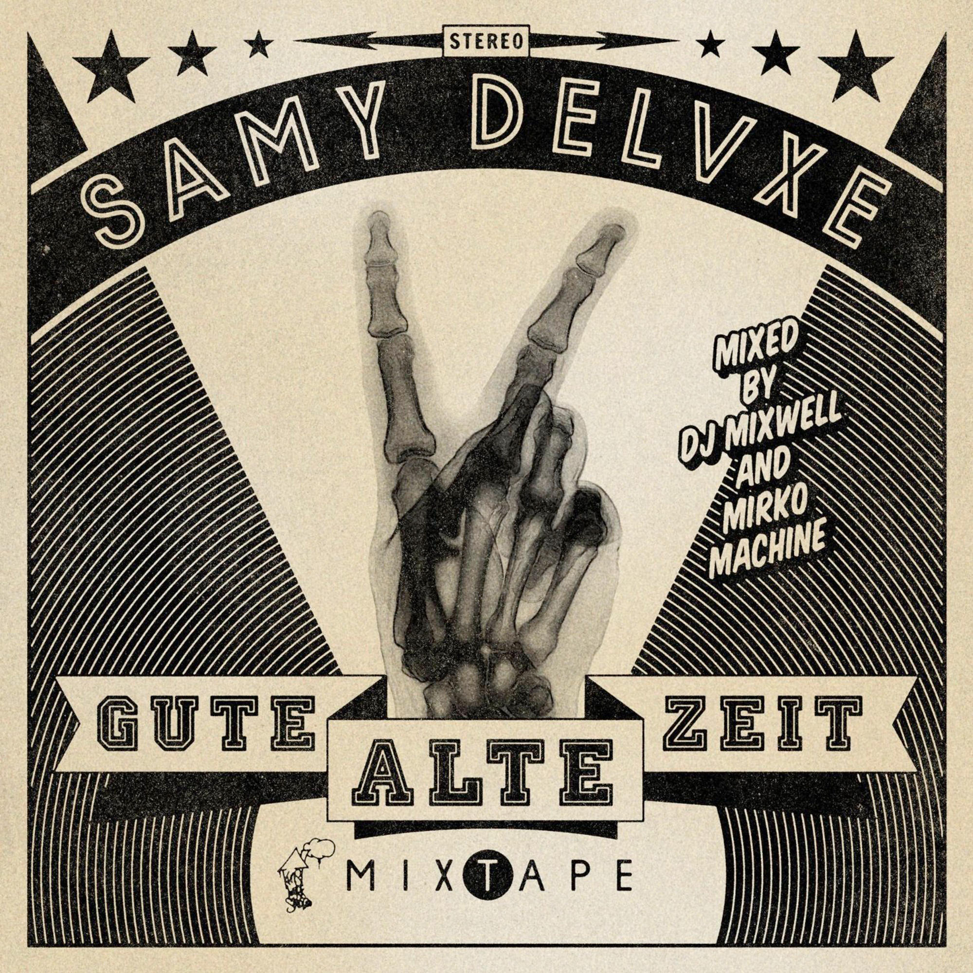 Albumcover, Skeletthand, die ein Friedenszeichen macht, Text: Samy Deluxe, Gute Alte Zeit.