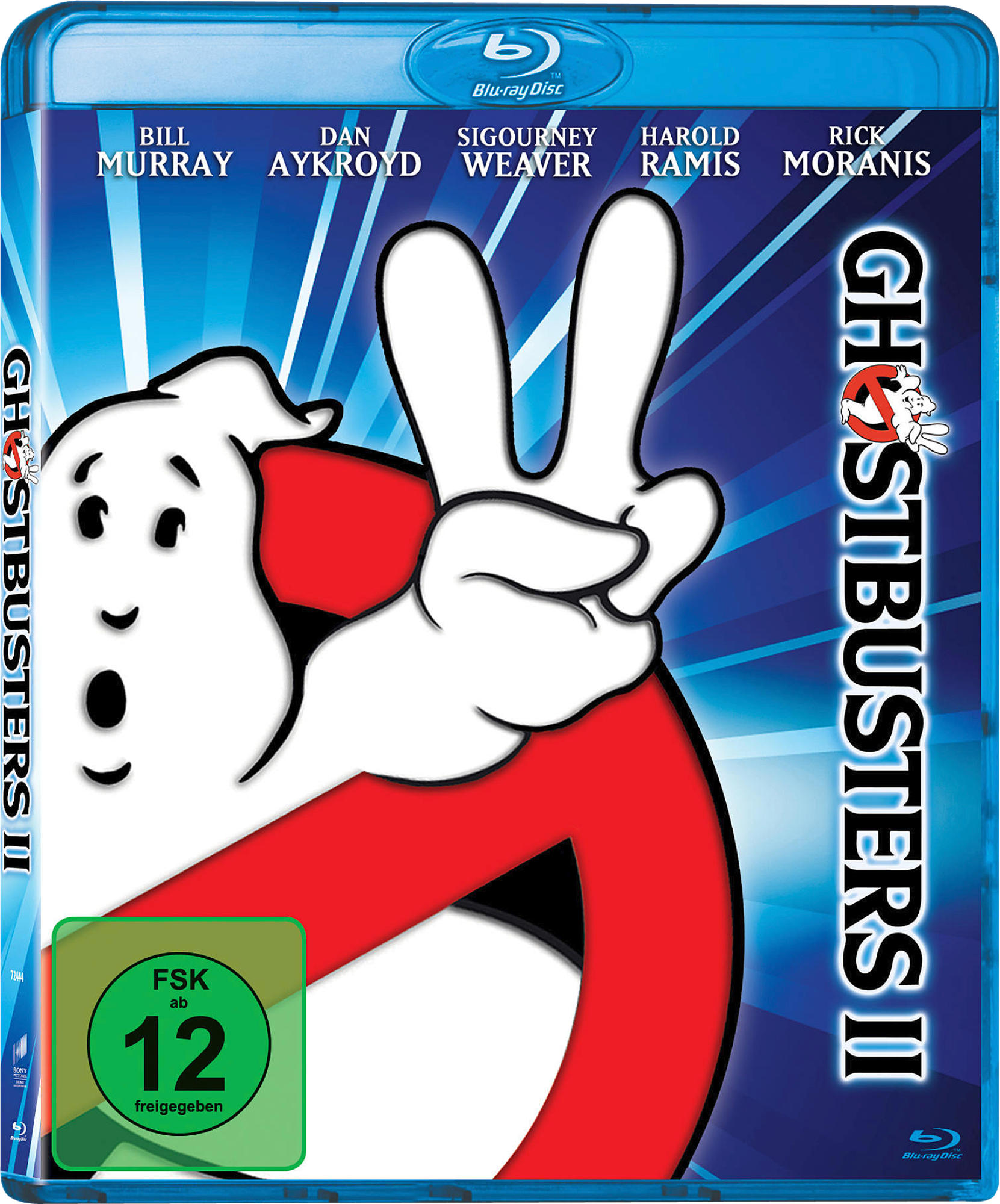 Ghostbusters II Blu-ray Cover. Ein Geist zeigt das Friedenszeichen. Der Titel lautet Ghostbusters II.