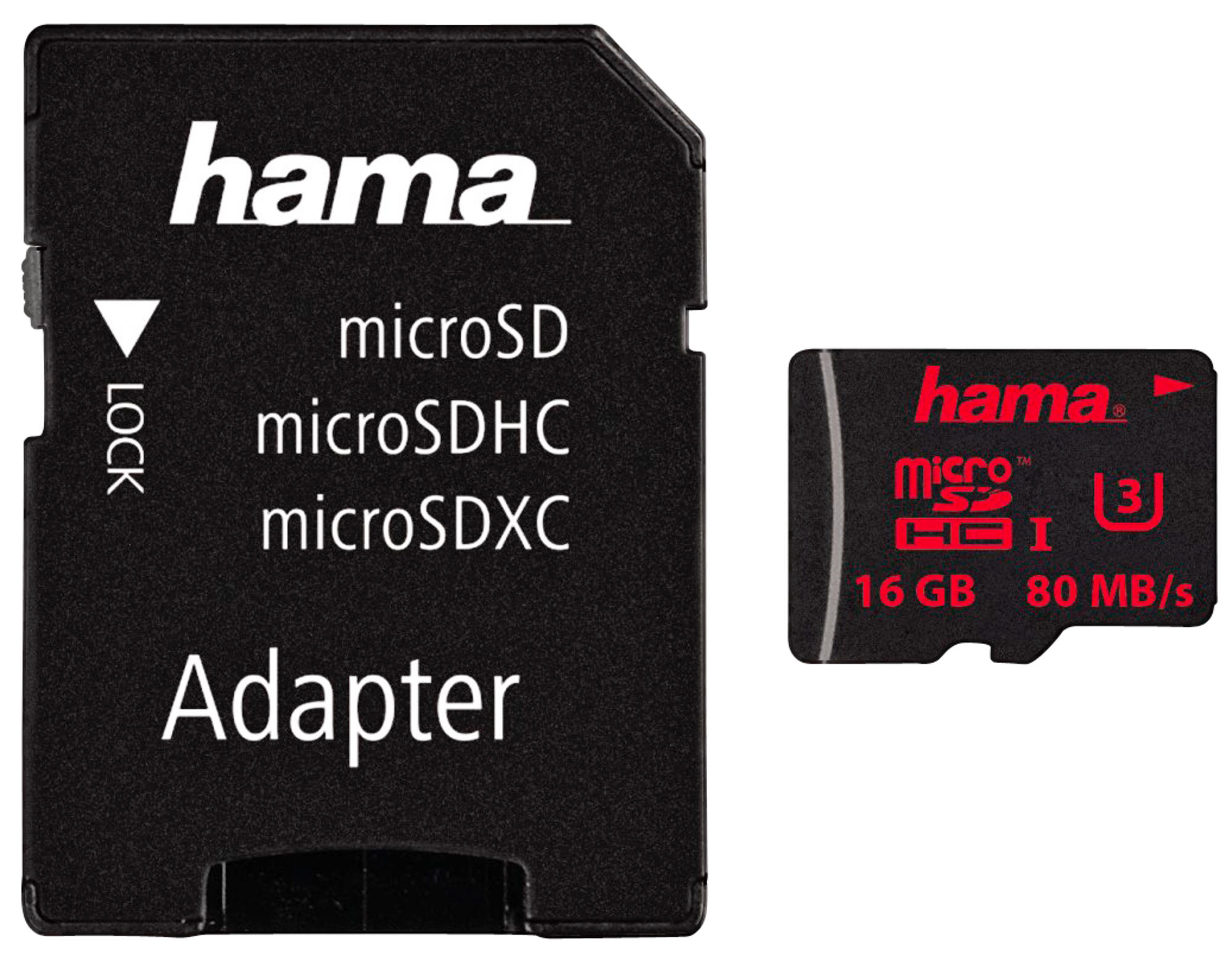 Adattatore e scheda microSD, con marchio Hama, testo e indicatore di blocco.