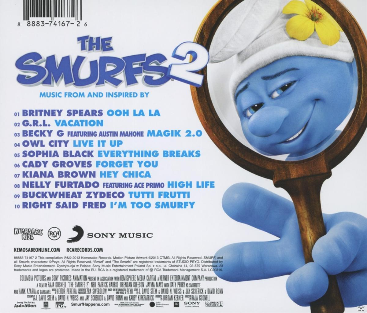 Album borító: Törp a tükörrel, Törpilla, és a 'The Smurfs 2' szöveg.