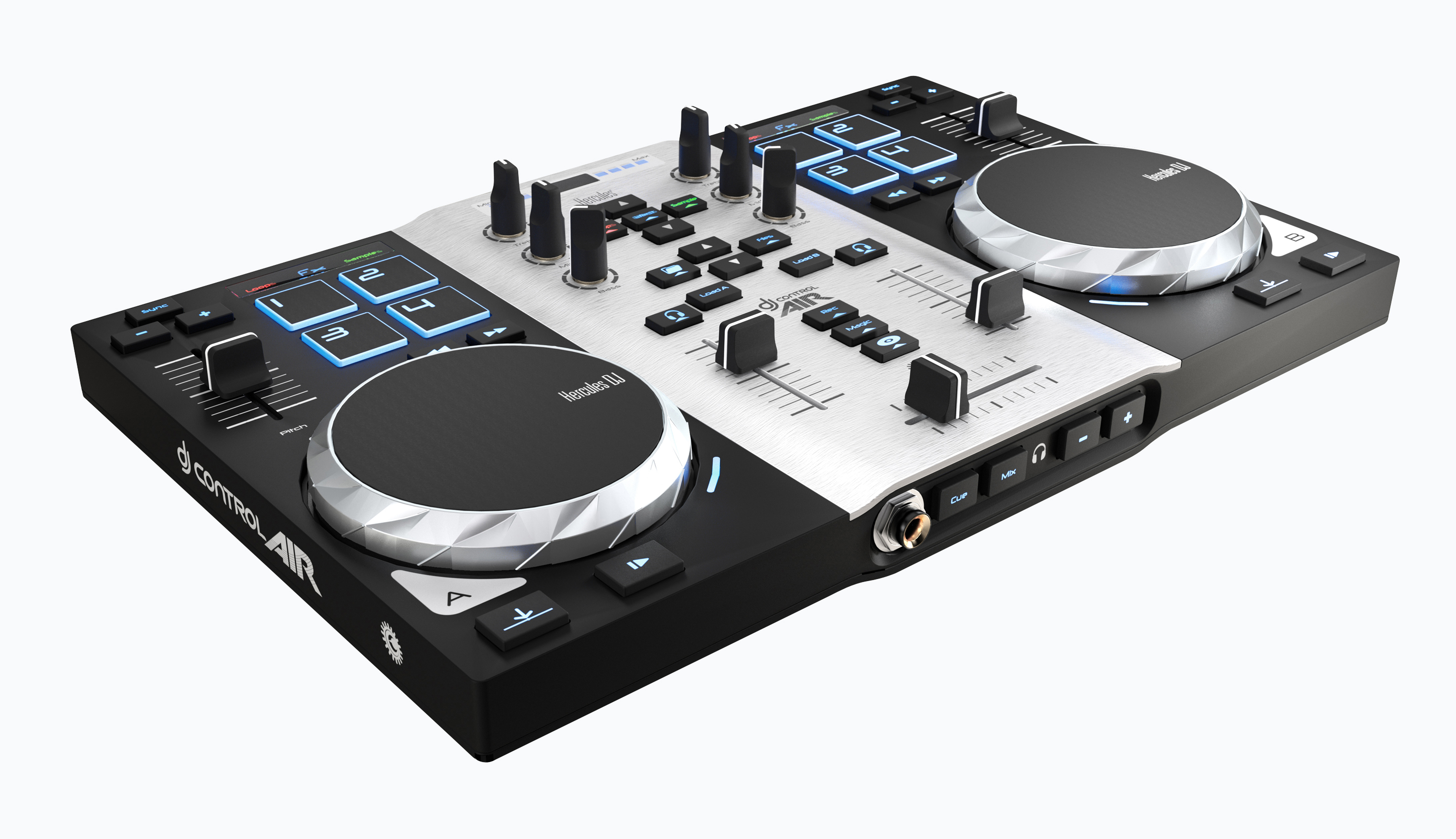 HERCULES DJ Control Air S Series (Air Control, 8 Pads, integr. Soundkarte, DJUCED 18°, PC / Mac) 2-Deck DJ Controller, Schwarz/Silber