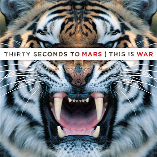 Tigris arca, nyitott száj fogakkal, Thirty Seconds to Mars album borító, 'This Is War'.