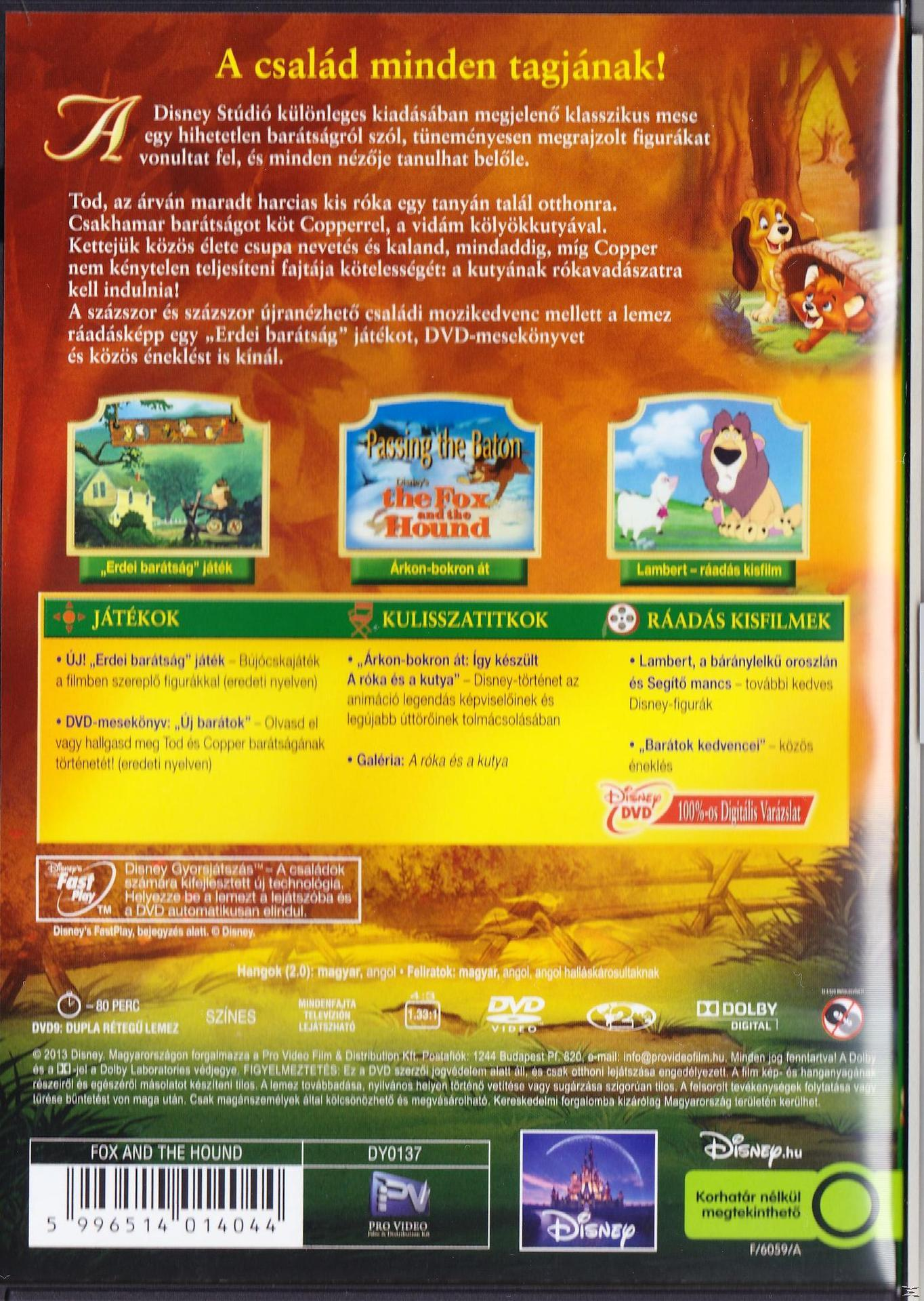 A 'Fox and the Hound' című animációs film DVD-borítója. A film jeleneteit, a Disney logóját és a szöveget több nyelven ábrázolja.