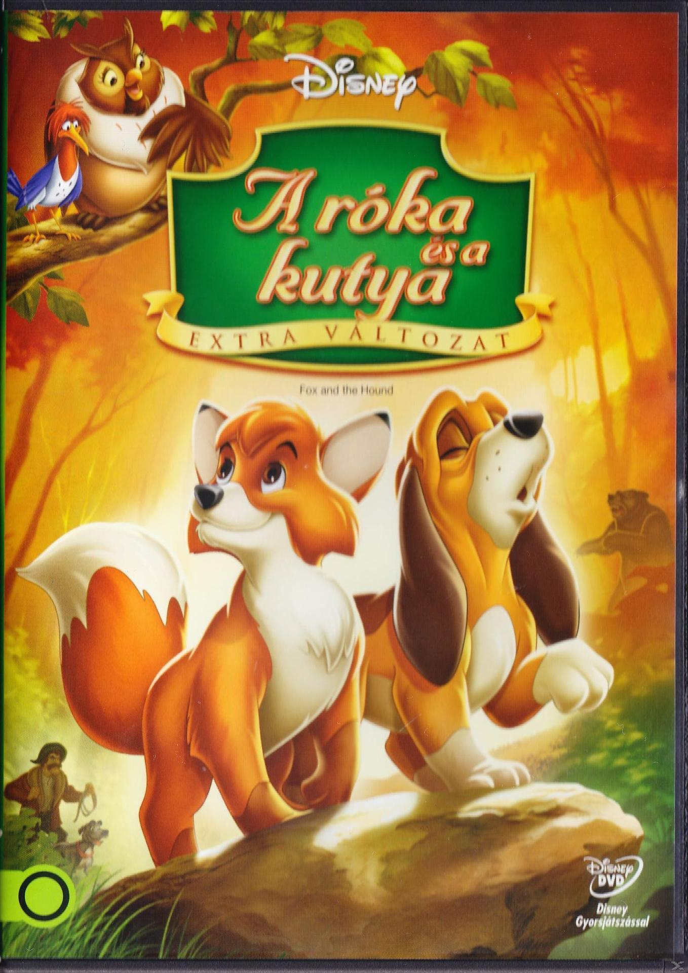 DVD borító. Disney A róka és a kutya. Két rajzolt kutya. Más rajzolt karakterek. Szöveg magyarul.