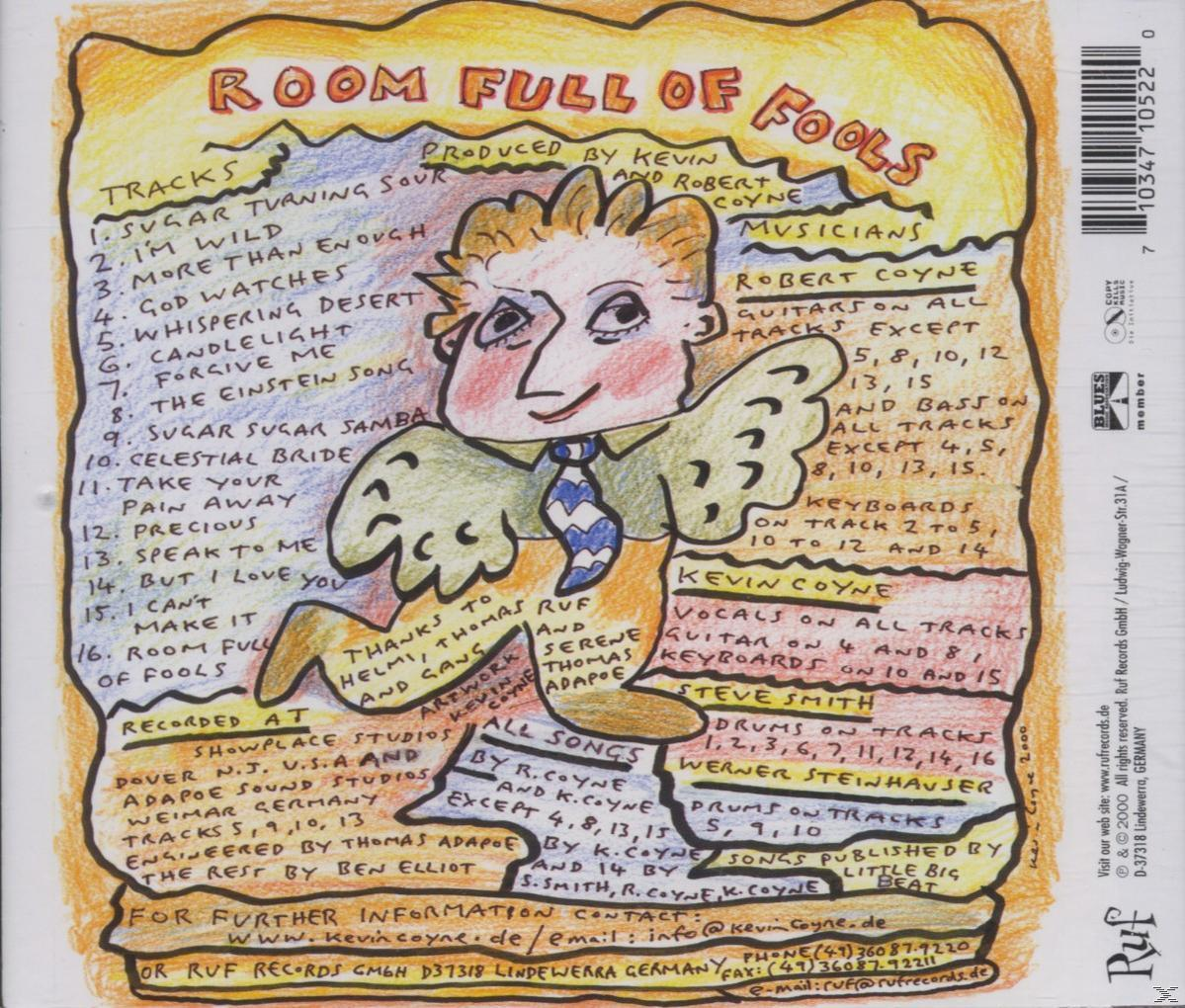 Albumcover von 'Room Full of Fools' von Robert Coyne mit Cartoon-Illustration.