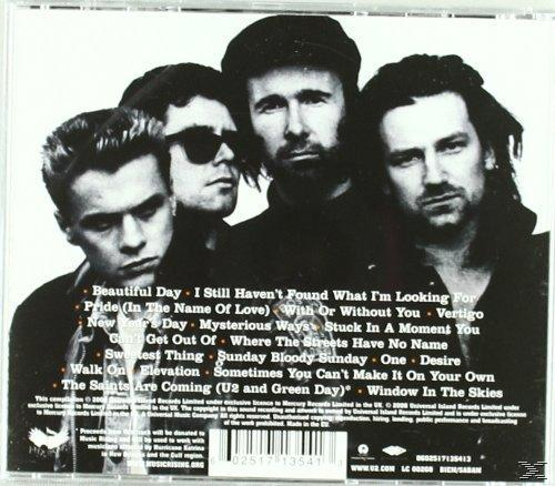 Rückseite einer U2-CD mit Bandmitgliedern und Titelliste.