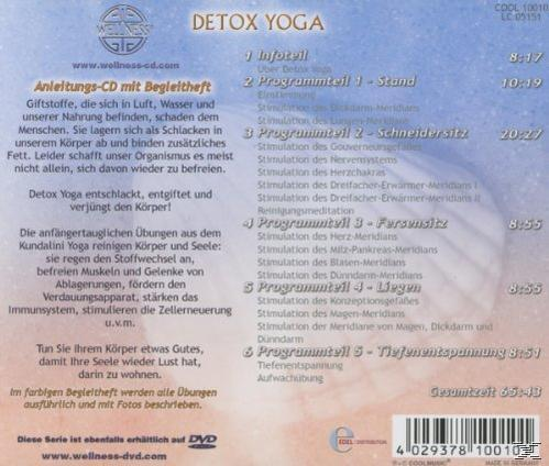 Die Rückseite einer Wellness-DVD-Box. Text über Detox-Yoga. Eine Liste von Yoga-Programmpunkten.