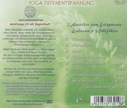 Rückseite einer DVD über Yoga mit Text zur Entspannung und einer Titelliste.