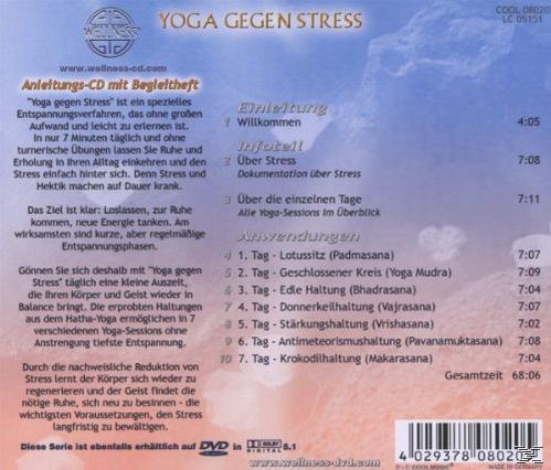 CD-Rückseite: Yoga gegen Stress, deutscher Text, mit Übersicht.