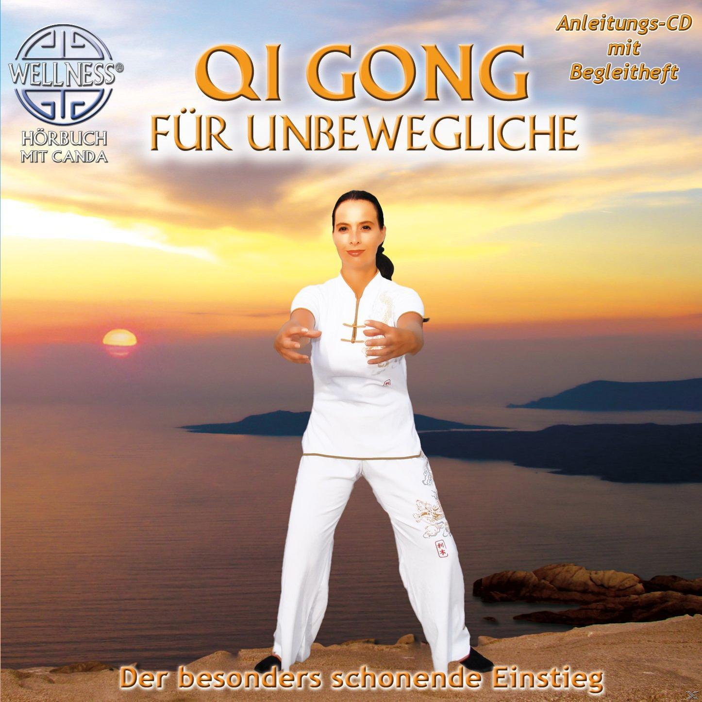 Frau demonstriert Qi Gong-Übungen im Freien. Sonnenuntergang und Wasser im Hintergrund. Text auf Deutsch.