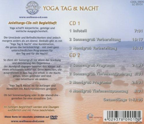 DVD-Cover für ein Yogaprogramm. Listet die CD-Inhalte auf, einschließlich Sonnen- und Mondgrüßen.
