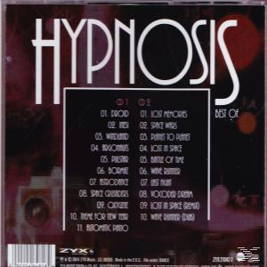 Rückseite einer Hypnosis-CD-Hülle mit Titelliste, weißer Text auf dunklem Hintergrund, oben das Wort "HYPNOSIS".