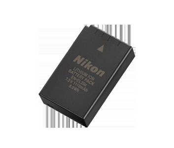 Schwarzer Nikon EN-EL20a Lithium-Ionen-Akku, mit weißem Hintergrund.
