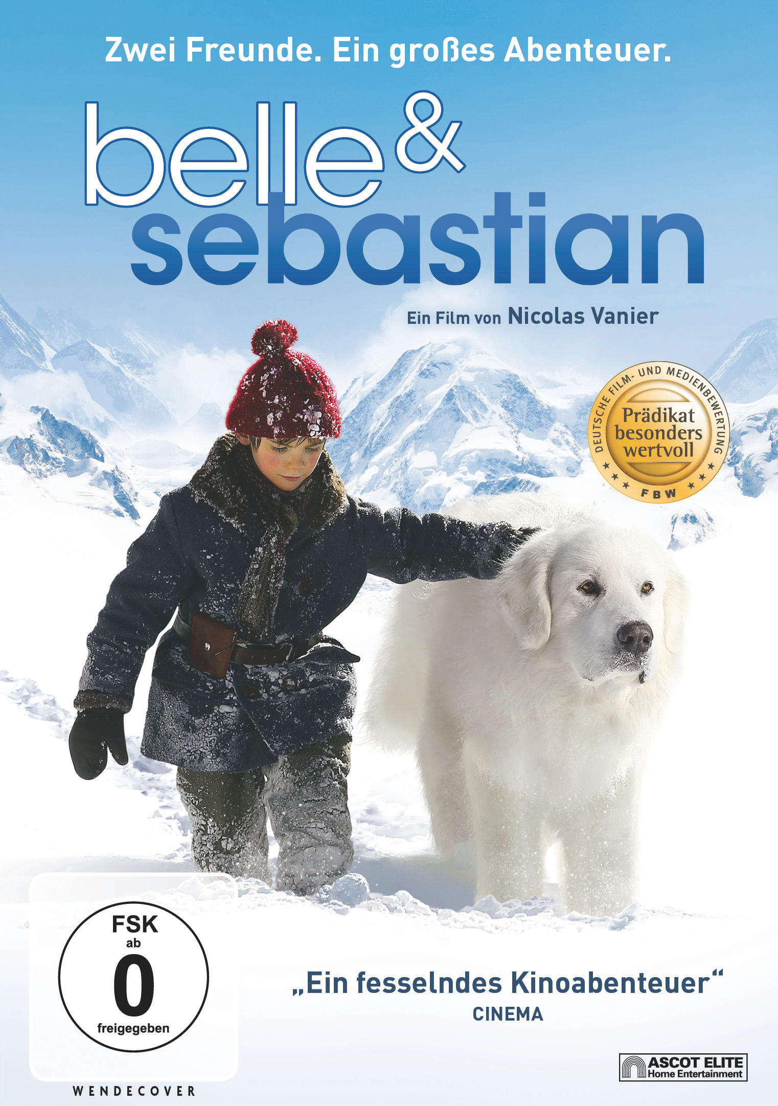 Filmcover: Junge mit Hund im Schnee. Text: Belle & Sebastian. Hintergrund: Schnee, Berge.