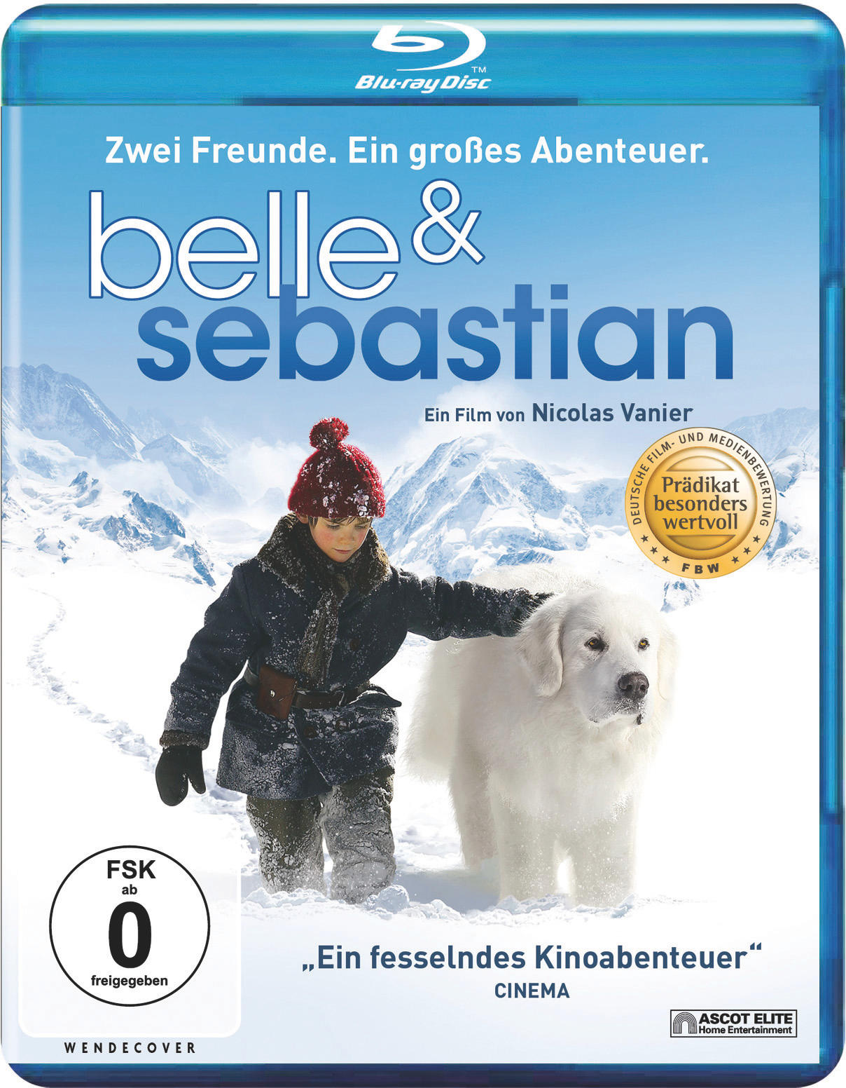 Filmcover mit Junge und Hund im Schnee. Text lautet 'Belle & Sebastian'.