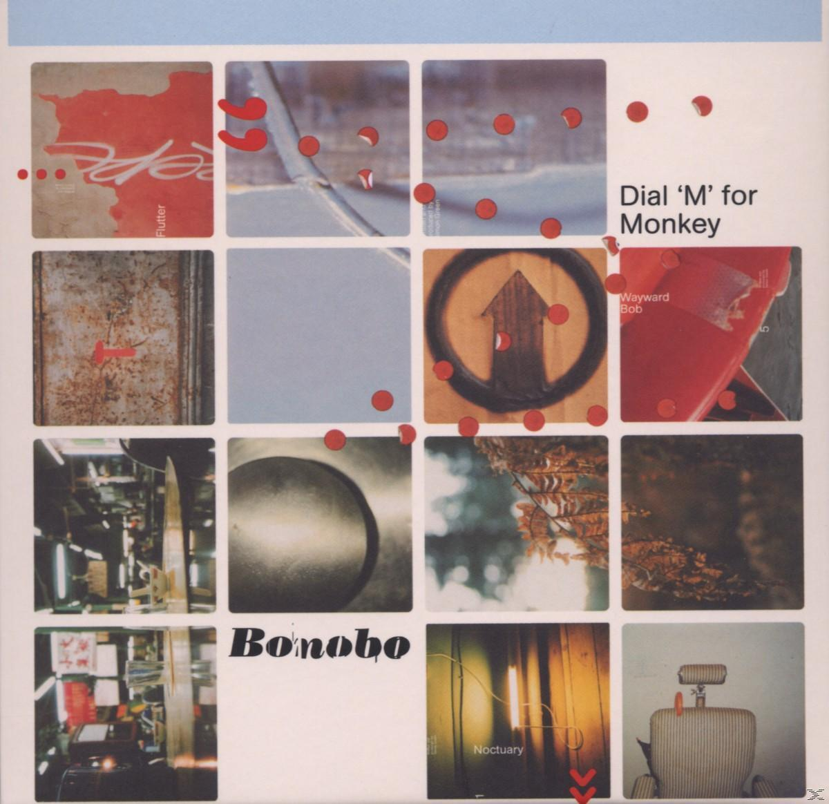 Albumcover: mehrere quadratische Bilder, rote Punkte und der Text: Dial 'M' for Monkey und Bonobo.