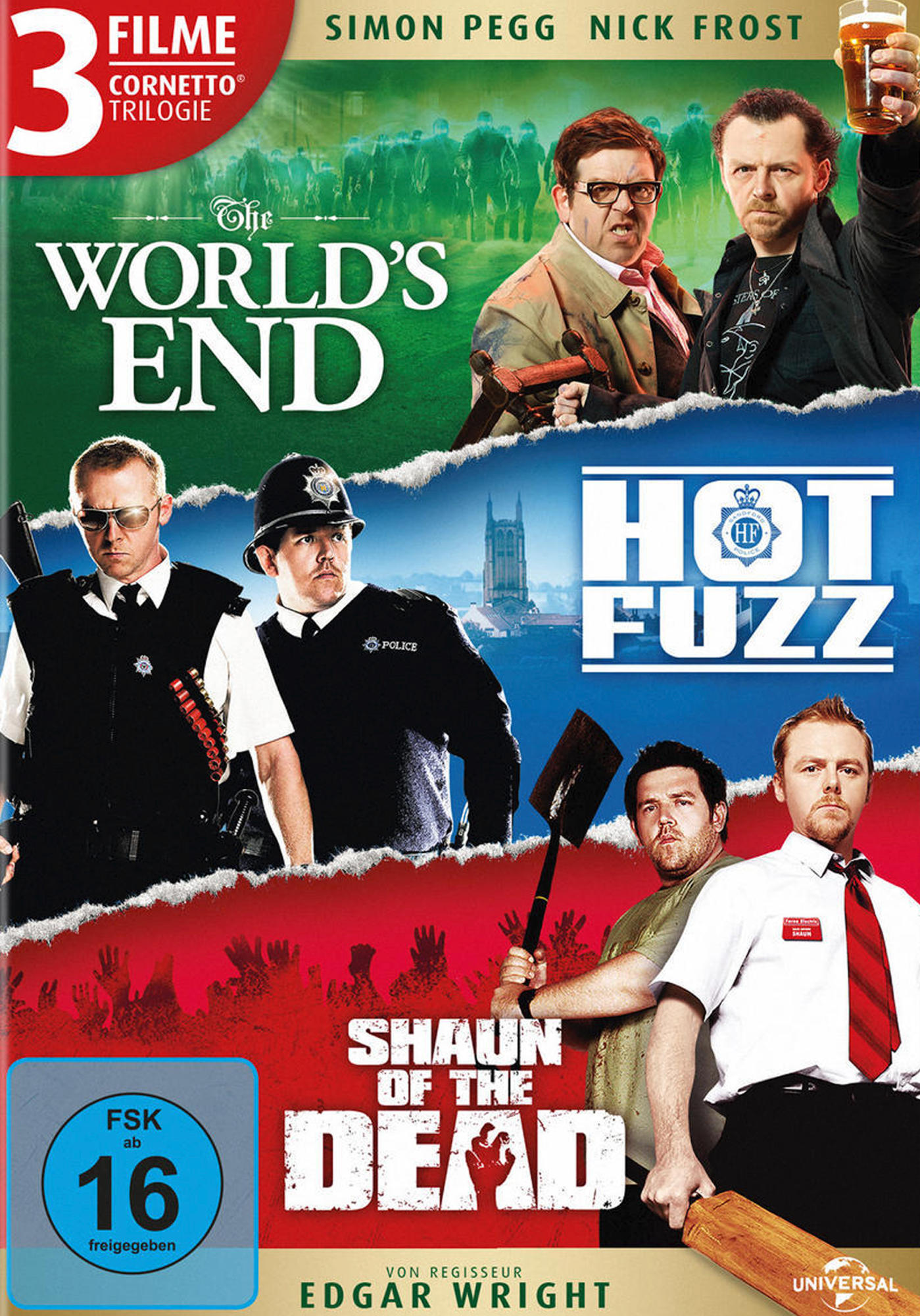 DVD-Cover für eine Trilogie von Filmen, mit drei Filmplakaten. Titel: The World's End, Hot Fuzz, Shaun of the Dead.
