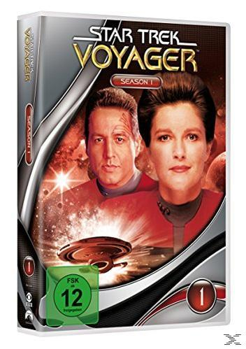 DVD-Hülle mit zwei Personen und einem Raumschiff auf dem Cover. Star Trek Voyager Staffel 1.