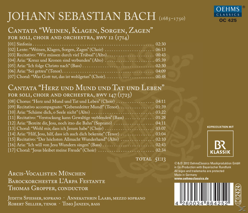 CD-Rückseite mit Noten und Titellisten für Johann Sebastian Bachs Kantaten. Text in mehreren Sprachen.