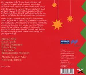 CD-Rückseite mit Text auf Deutsch, Weihnachtsthema und goldene Sterne auf rotem Hintergrund.