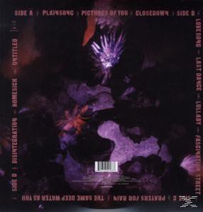 Albumcover mit einem dunkelvioletten Blumendesign mit Songtiteln und Titellisten auf der linken und rechten Seite.