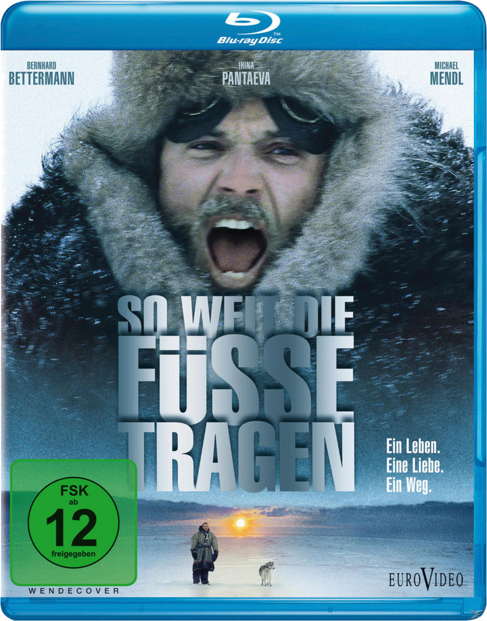 Blu-ray-Cover: Mann mit schockiertem Gesichtsausdruck im Schnee. Titel: So weit die Füße tragen. Ein Rating-Logo ist vorhanden.