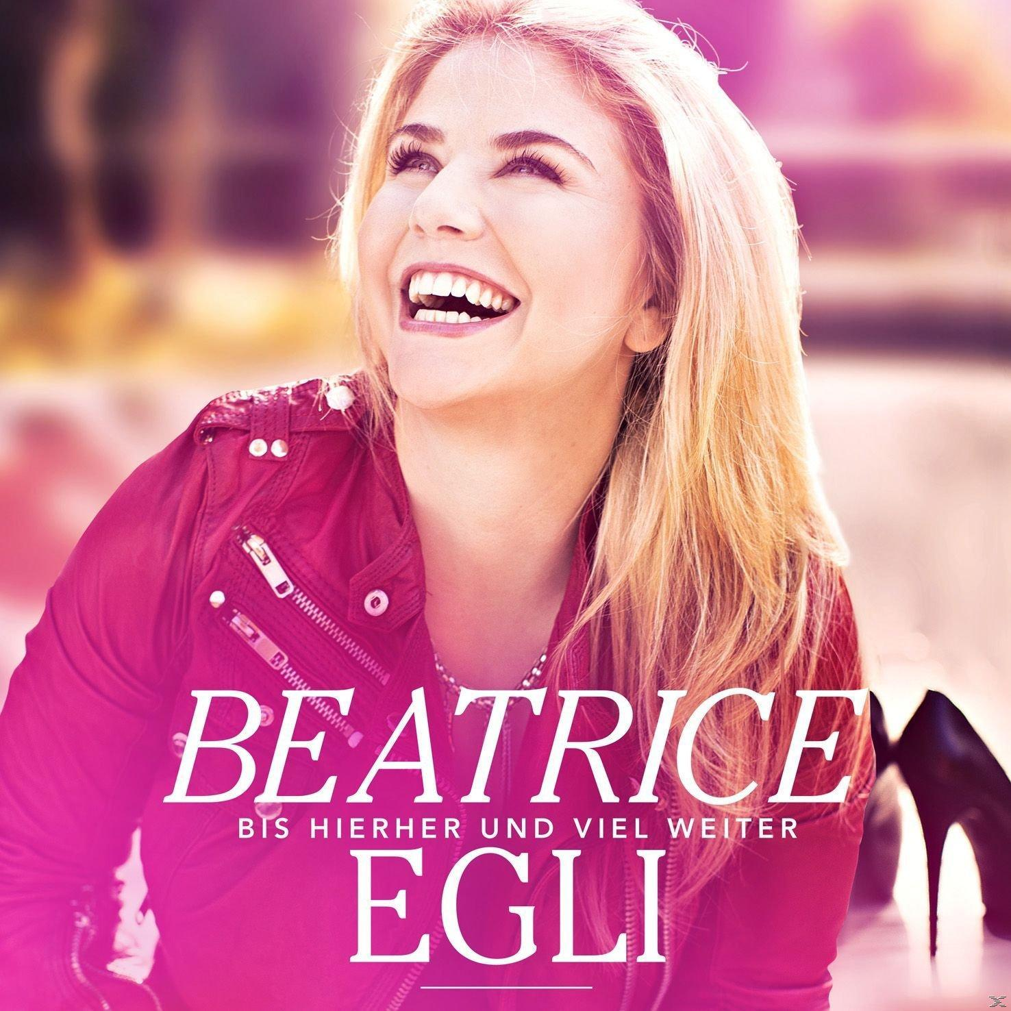 Albumcover von Beatrice Egli lächelnd, trägt eine rote Jacke. Text: Beatrice Egli, 'Bis hierher und viel weiter'.