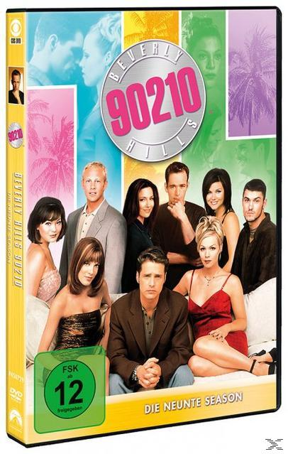 DVD-Cover von Beverly Hills 90210 mit den Darstellern. Rosa, grüne und violette Farben.