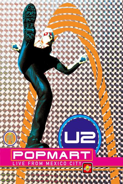 U2 Popmart Live From Mexico City. Ein Mann, der in die Luft tritt. Orange und rosa Farben.