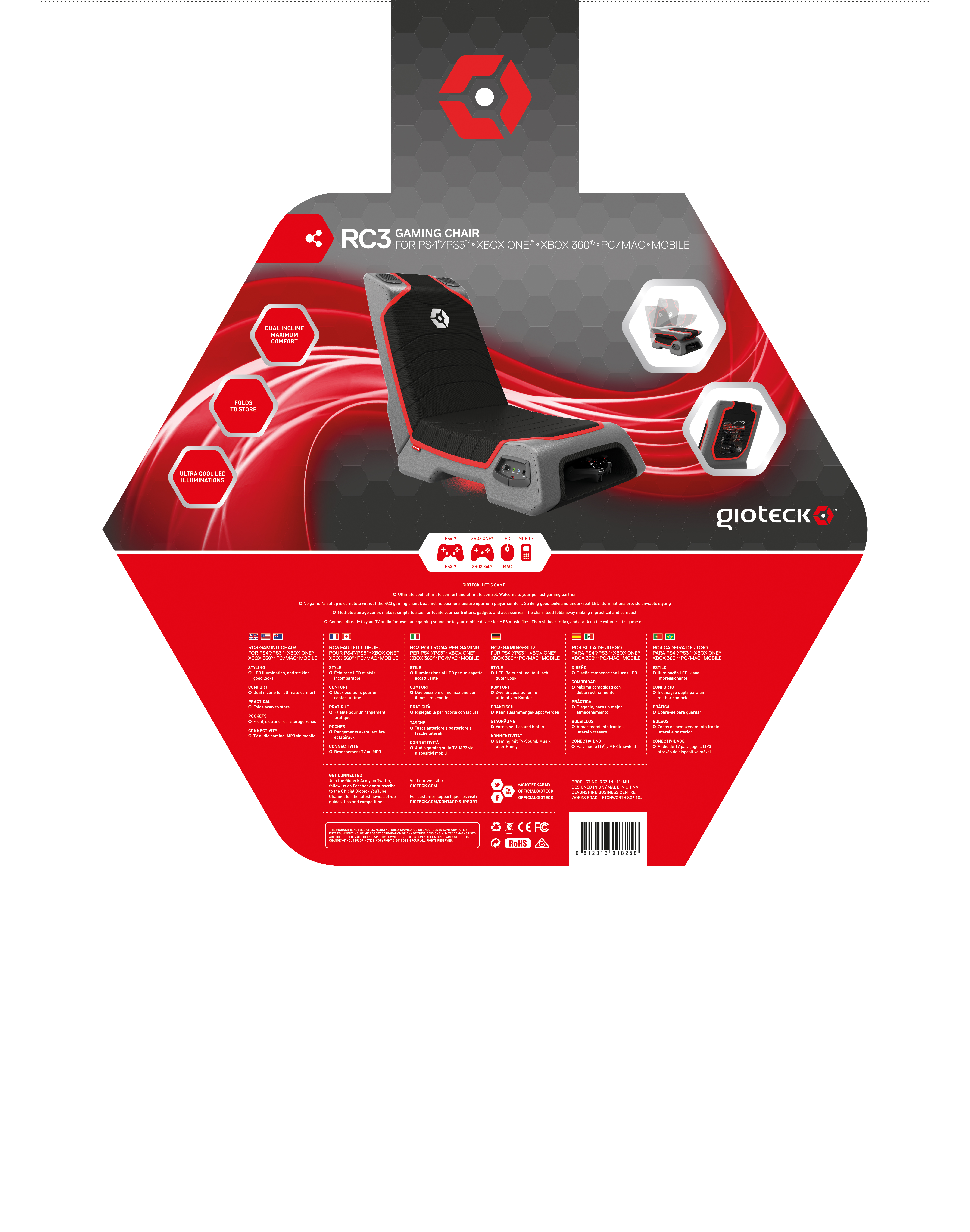 GIOTECK RC3-Gaming-Stuhl   , Schwarz-rot