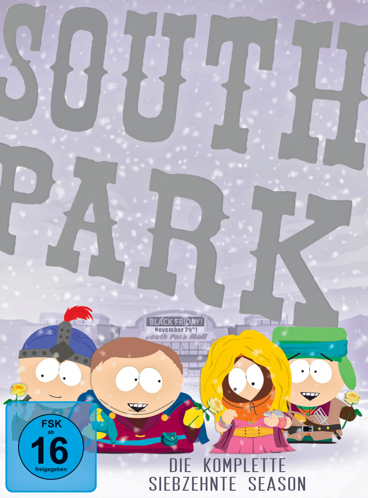 South Park DVD-Cover. Figuren in Kostümen, Schnee fällt. Text: South Park, Die komplette siebzehnte Season.