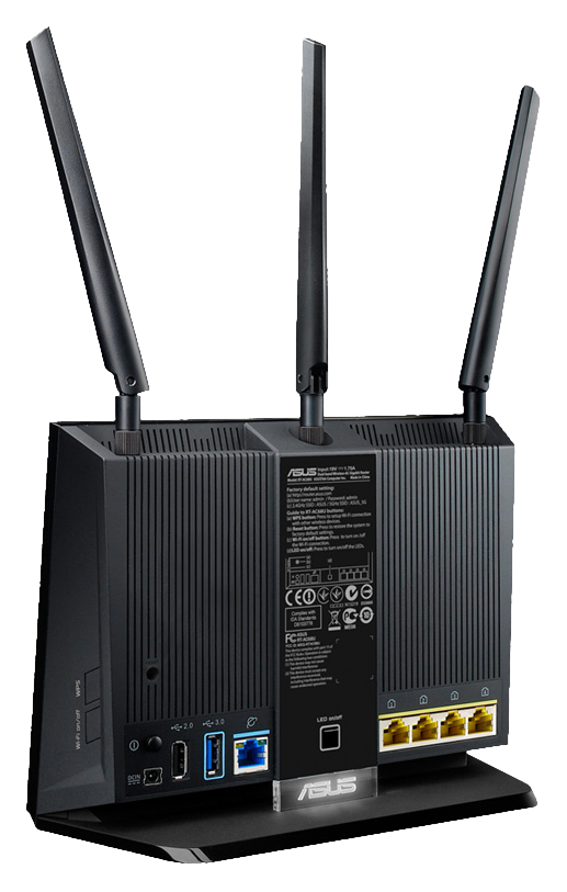 Egy fekete ASUS router három antennával, hátulról.