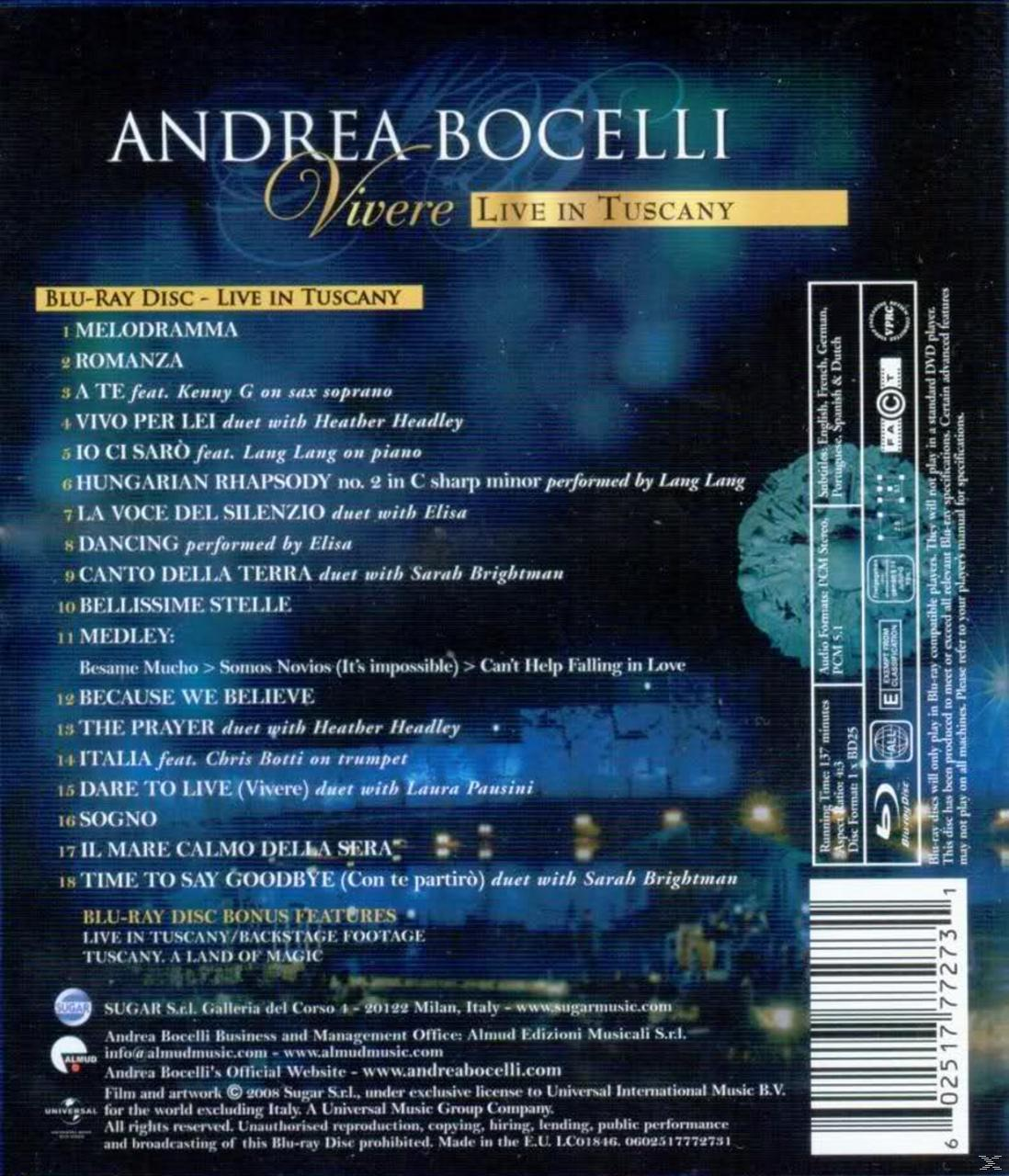 Blu-ray-Disc-Cover, Andrea Bocelli Konzert, mit Trackliste, Text und Bild.