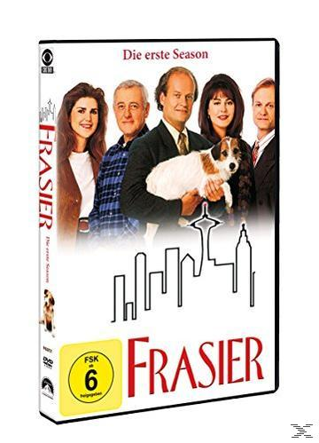 DVD-Cover für die Frasier-Serie mit Foto des Casts, Stadtsilhouette und gelbem Bewertungsschild.