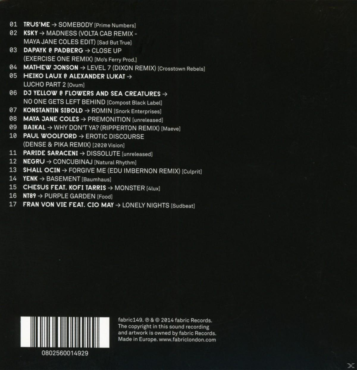 Achterkant van de cd met een tracklist. Titel: fabric149.
