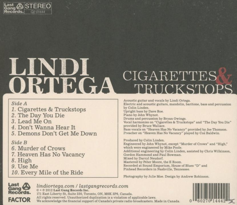 Albumcover für Lindi Ortegas Cigarettes & Truckstops. Enthält Titel, Titelliste und Credits auf dunklem Hintergrund.