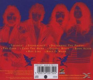 Albumcover von Black Sabbath. Vier Bandmitglieder mit Text in Rot und Blau, mit einem Dämon. Hergestellt in der EU.
