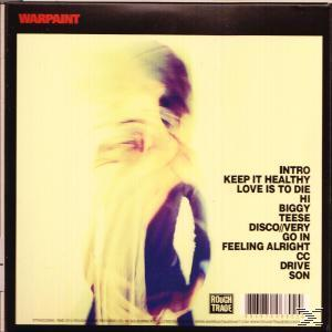 Abstrakte Darstellung einer Person mit Songtitel-Liste und "Warpaint"-Logo.