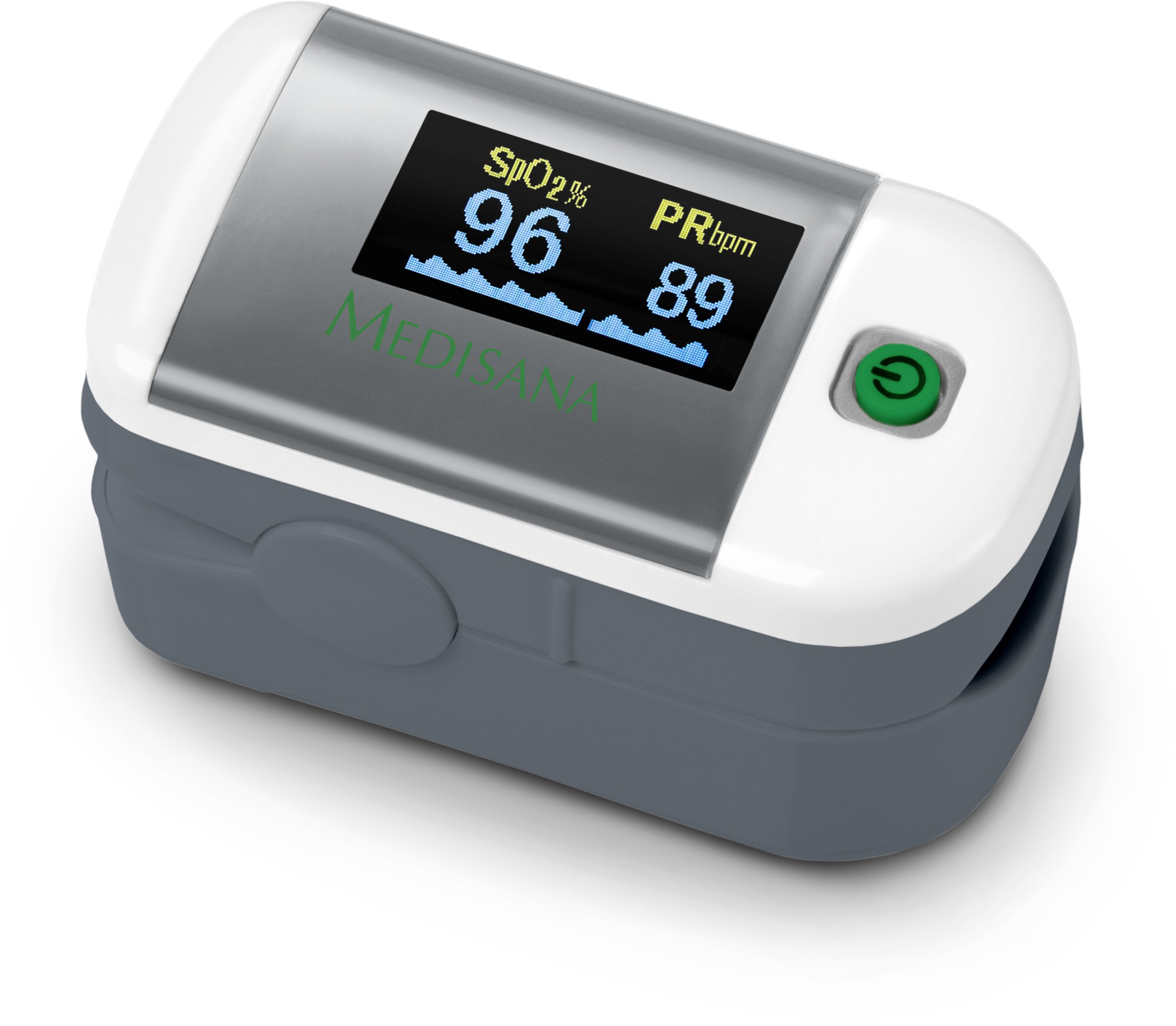 Pulsoximeter zeigt SpO2 96% und PR 89 bpm an. Es ist ein graues und weißes medizinisches Gerät mit grünem Einschaltknopf.