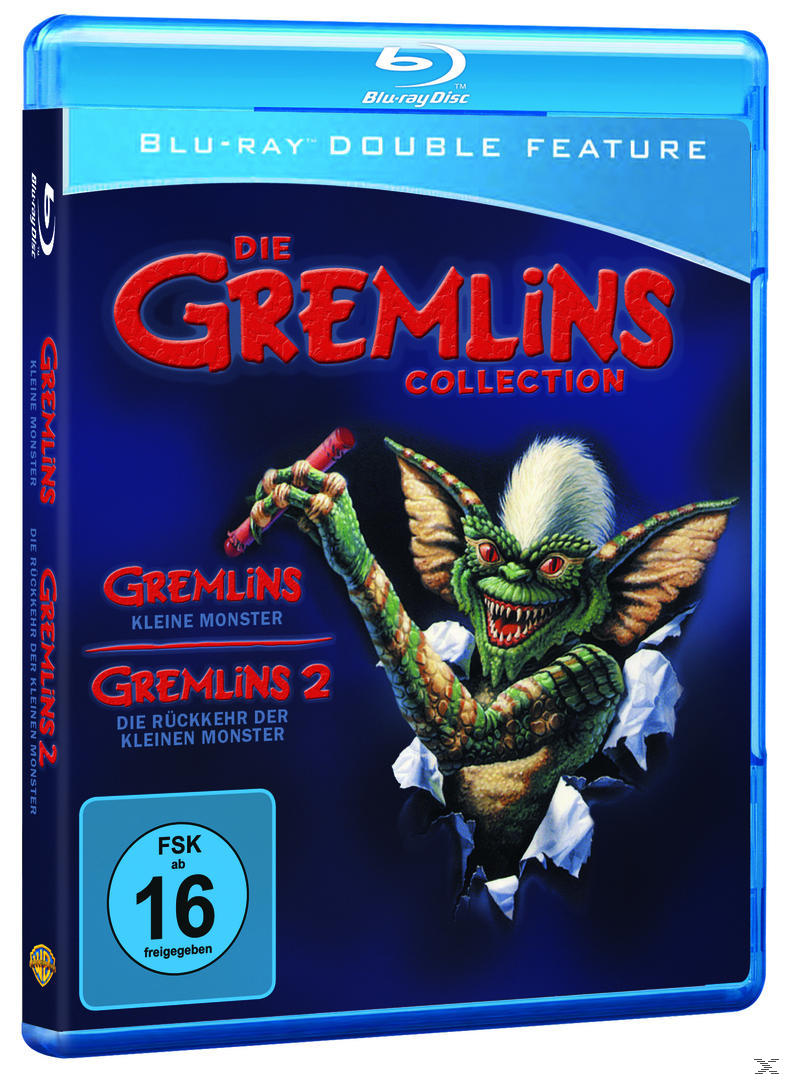 DVD-Cover des Films Gremlins. Ein Gremlin bricht durch das Cover. Blaues Cover. Der Titel wird angezeigt.