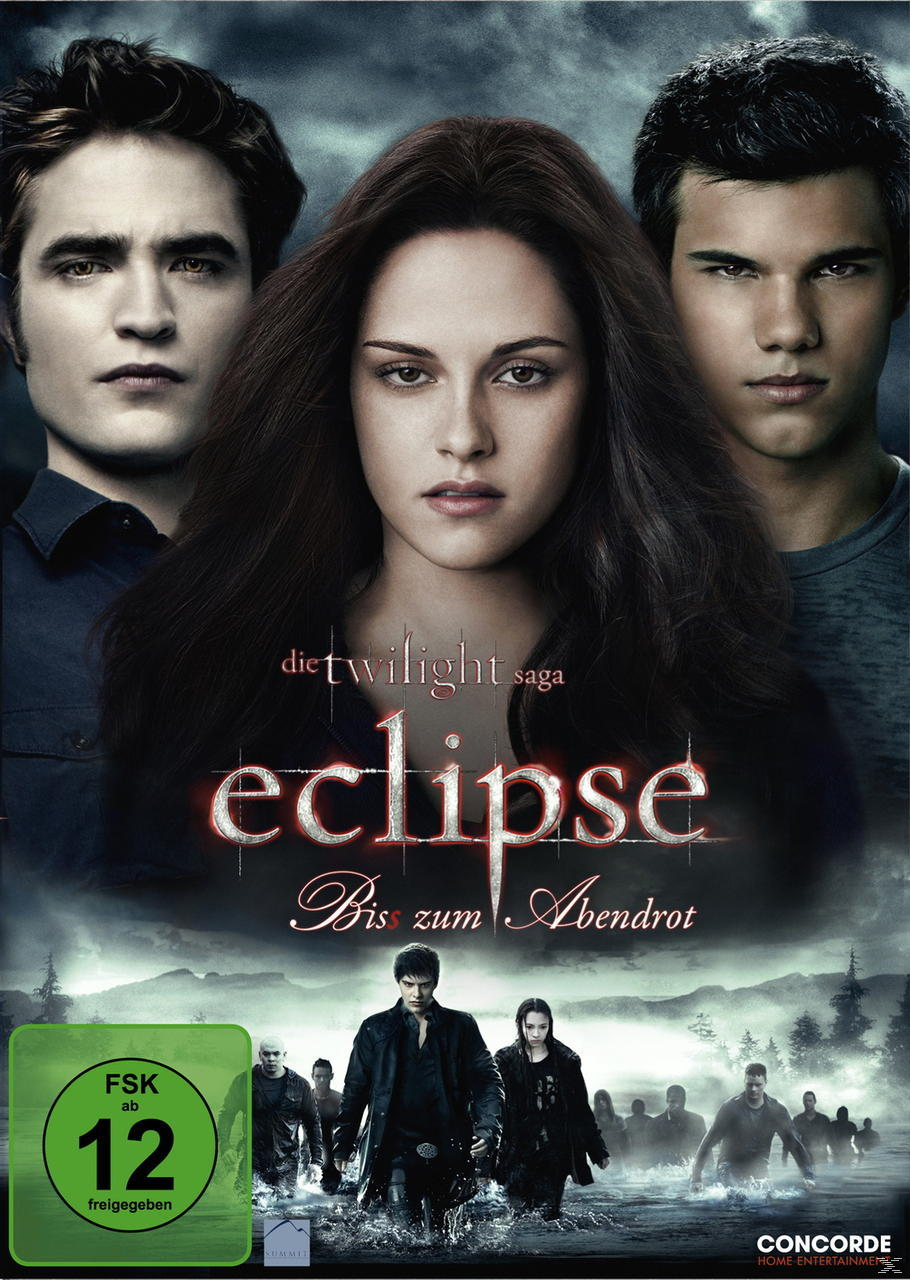 Filmcover von Eclipse. Die Schauspieler stehen im Zentrum. Darunter geht eine Gruppe von Leuten. Der Hintergrund ist ein dunkler Wald.