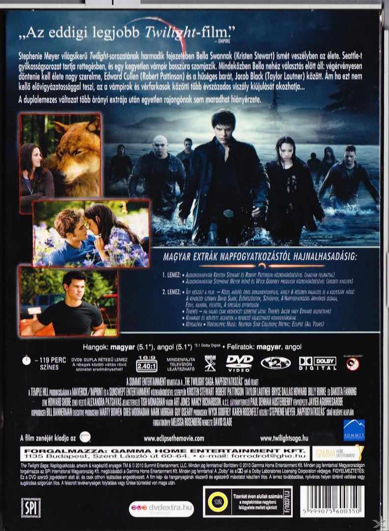 Twilight Saga film DVD hátlapja, színészekkel, szöveggel és képekkel.