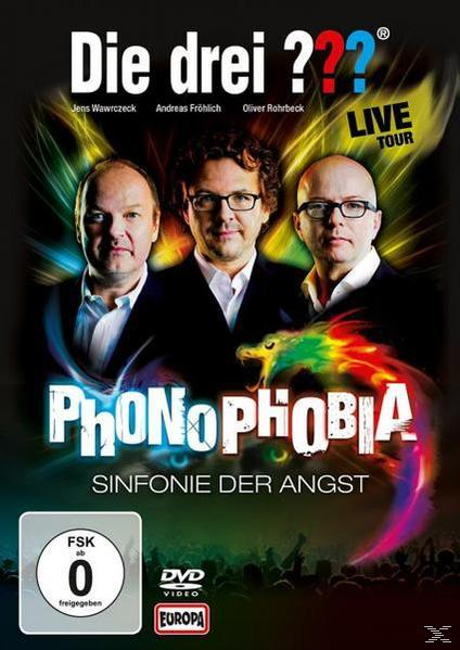 DVD-Cover von 'Die drei ???' mit drei Männern, Titel 'Phonophobia'.
