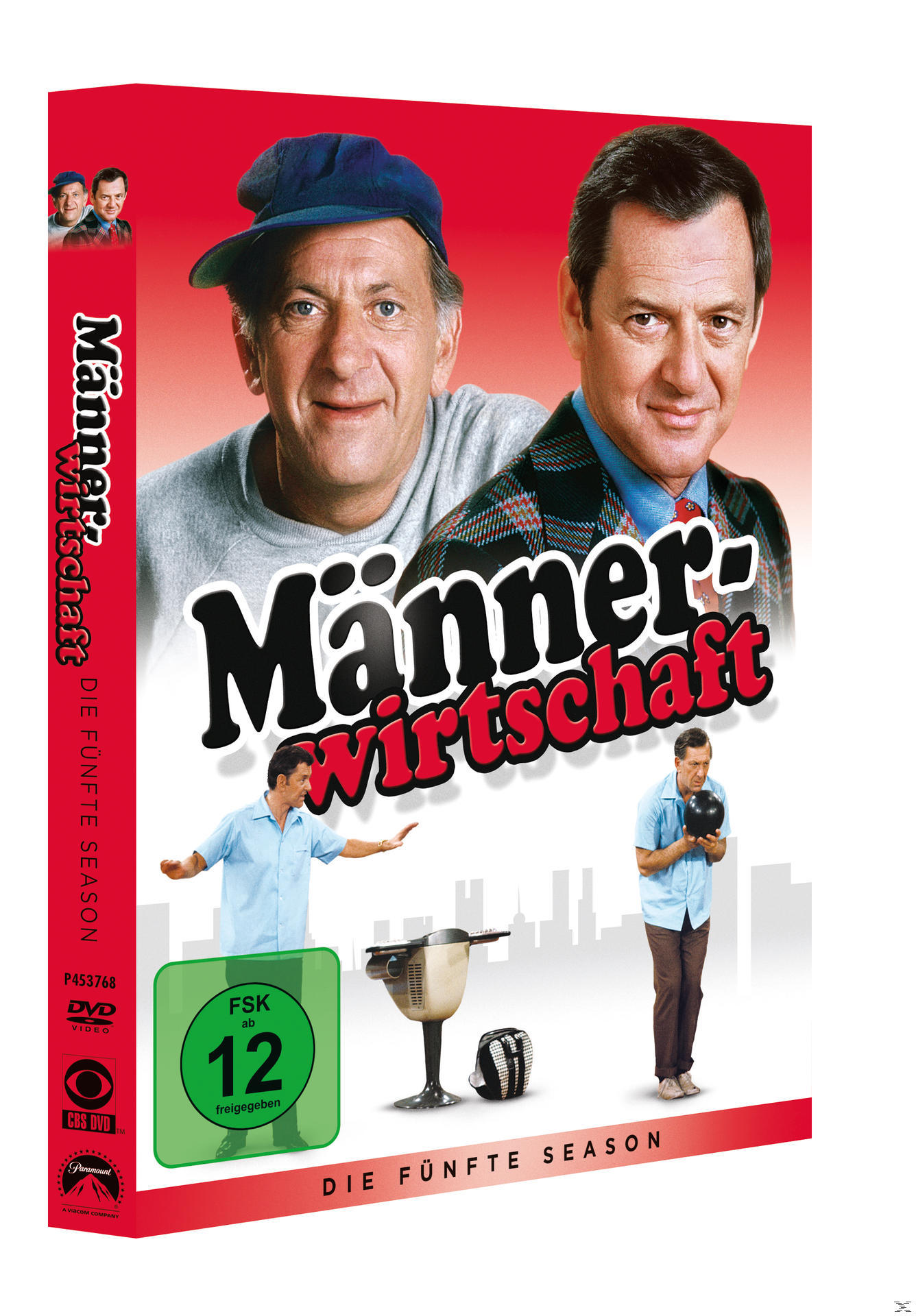 DVD-Cover: Männer posieren. Titel 'Männerwirtschaft'. Rotes und weißes Design.