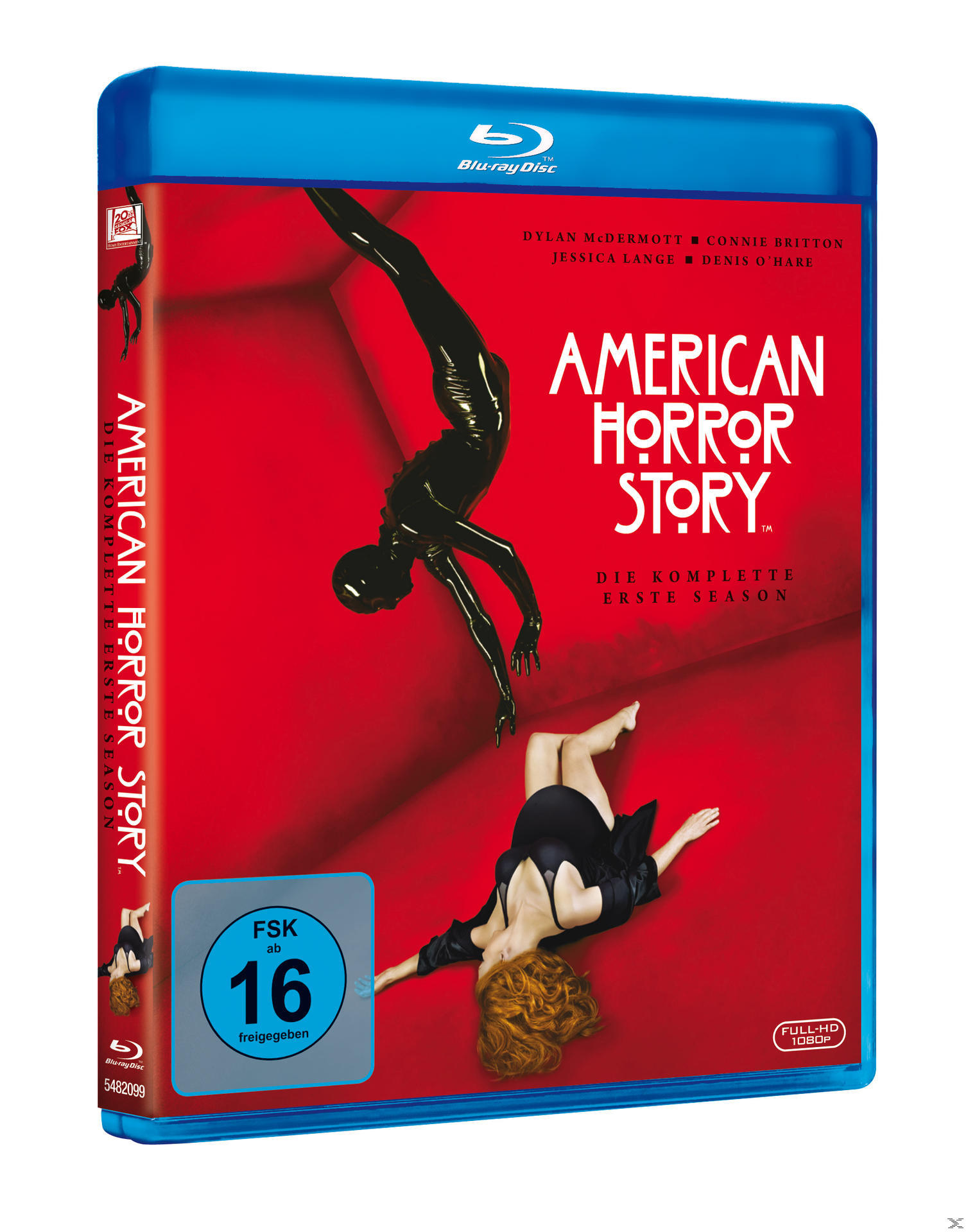 DVD-Cover: American Horror Story. Zwei Figuren, eine in Schwarz, eine in Rot, fallen, roter Hintergrund.