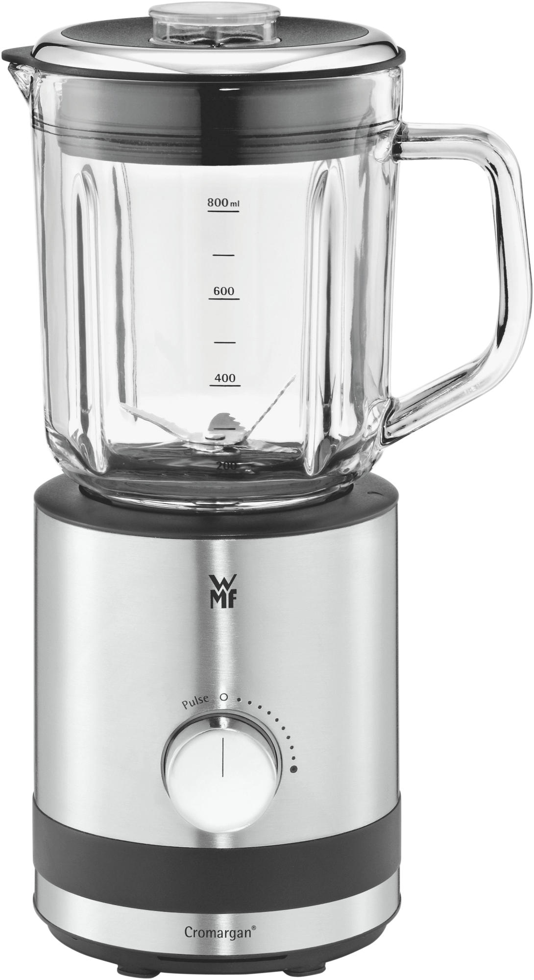 Mixer mit Glasbehälter auf silberner Basis. Griff, Messungen und Bedienknopf sind sichtbar.